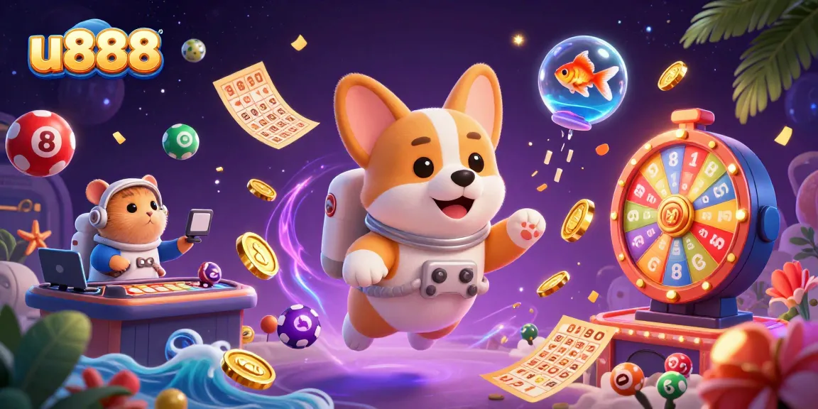 Experience thrilling gaming with u888 in a vibrant cosmic casino scene featuring playful characters.
