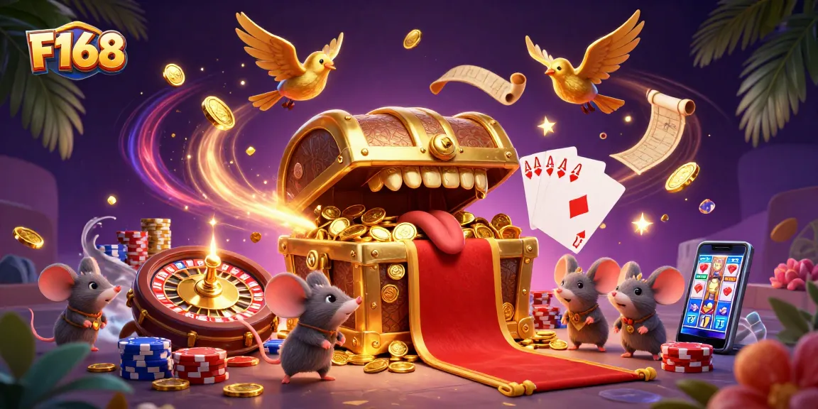 Experience the excitement of gambling at F168 with a vibrant treasure quest illustration.