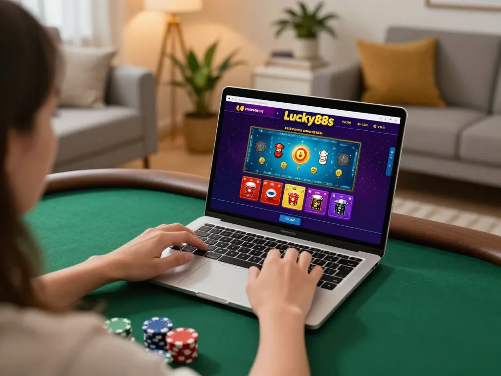 Player enjoying an online poker game on lucky88s laptop in a cozy living room.