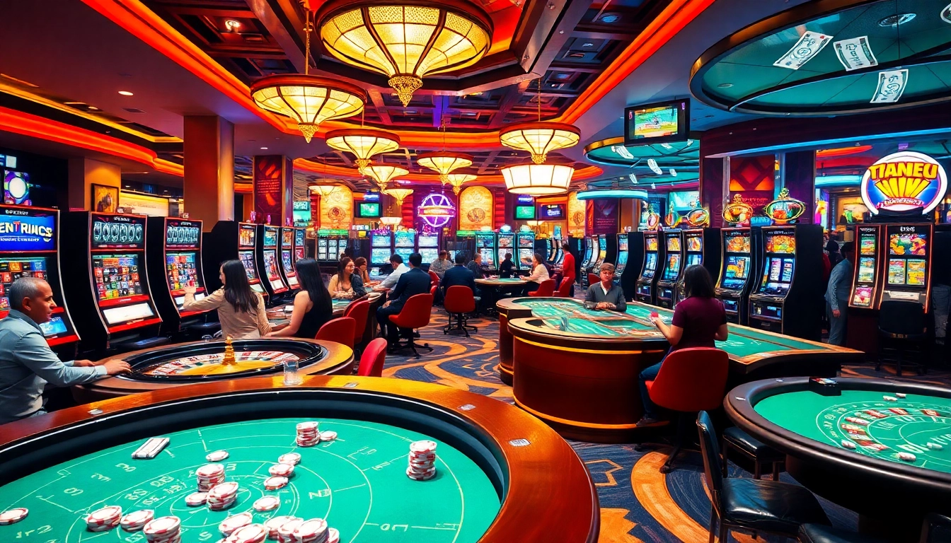 Exciting gambling setup at KJC AC 3 with poker chips, roulette wheels, and players having fun.