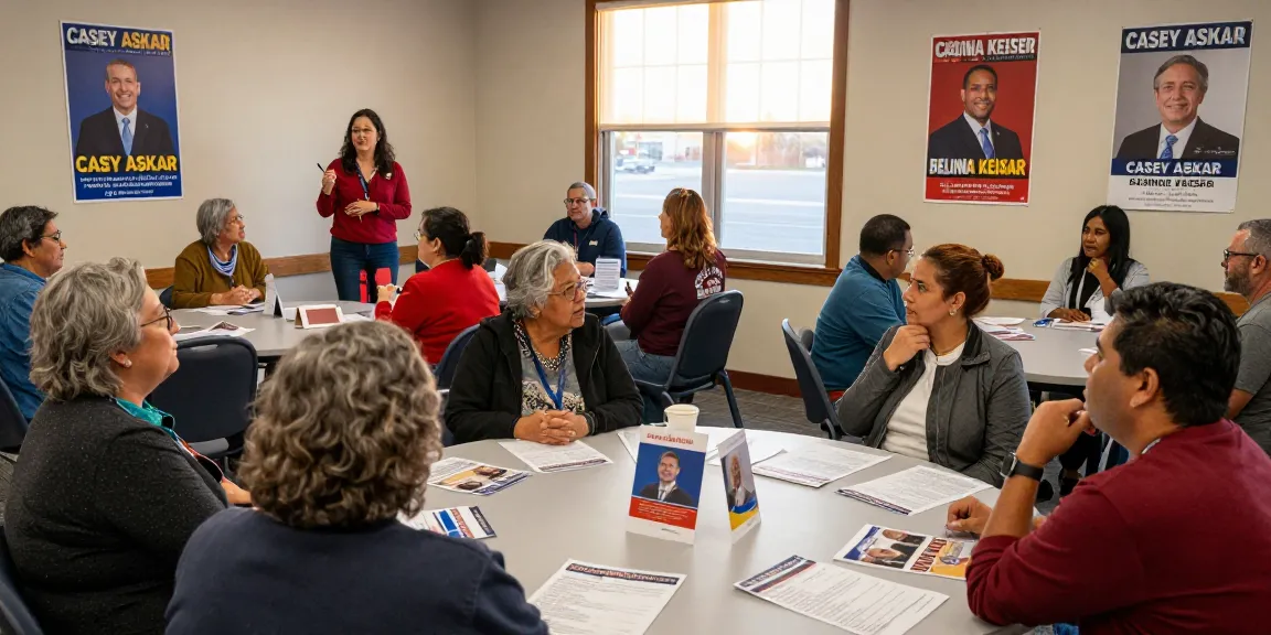 Community members discussing Casey Askar's candidacy and contrasting values in a campaign meeting.