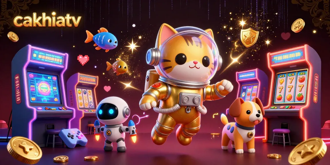 Cakhiatv showcases a vibrant 3D space scene with a cat astronaut, dog, and alien fish, blending gaming elements and slot themes.