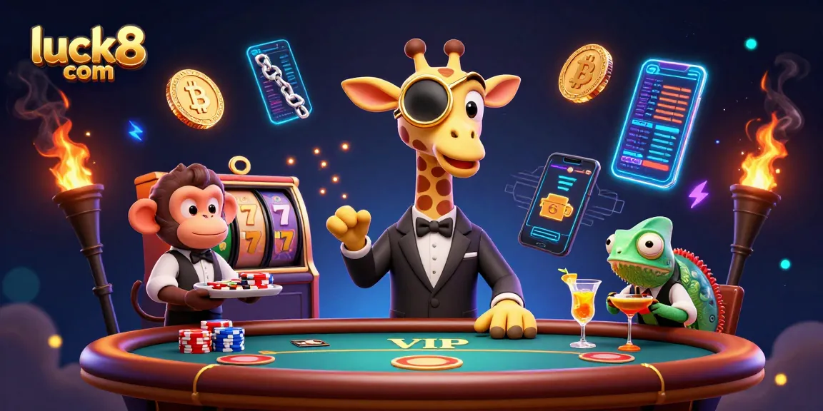 Engage with exciting games at luck8 com, showcasing a vibrant casino scene with a high-roller giraffe and thrilling elements.