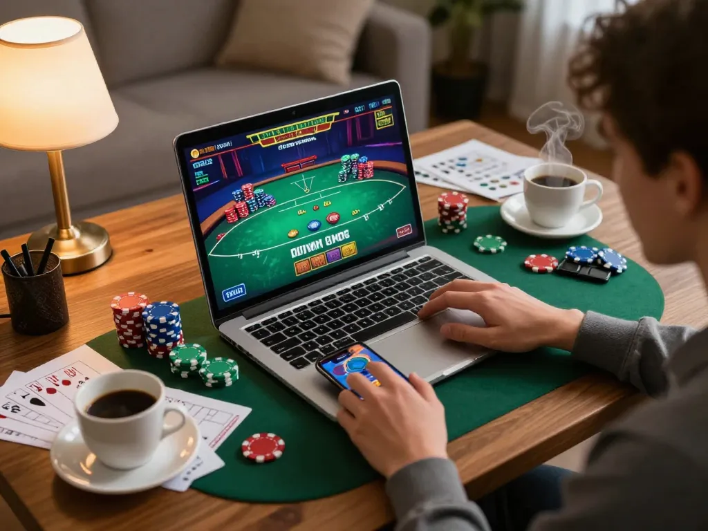 RR88 player enjoying online casino gaming on laptop surrounded by strategy notes and a warm atmosphere.