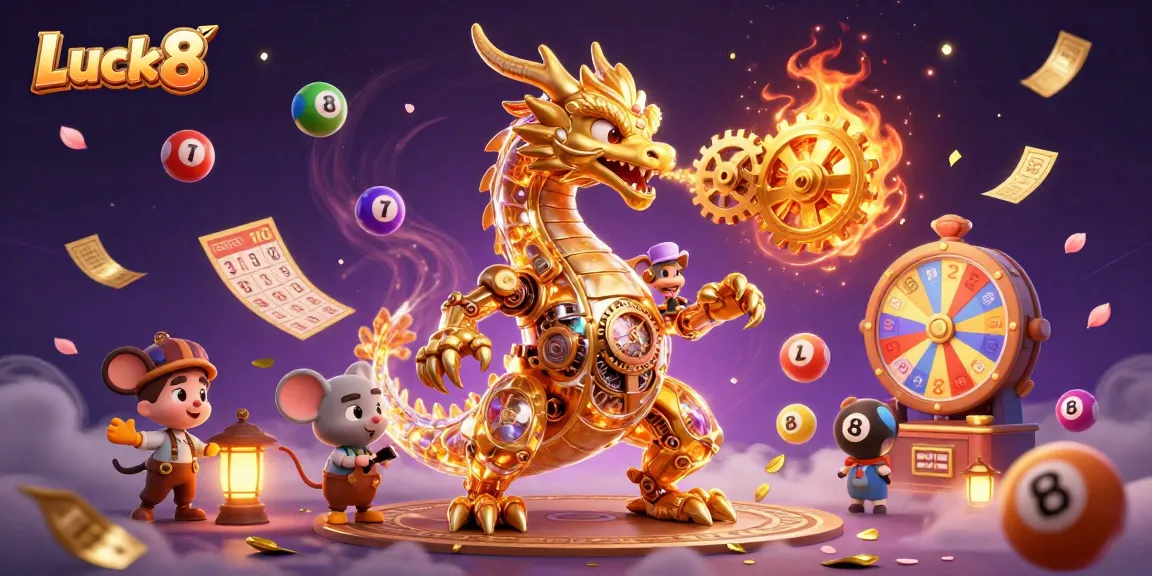 Experience exciting Luck8 gameplay amidst golden dragons and lottery action.