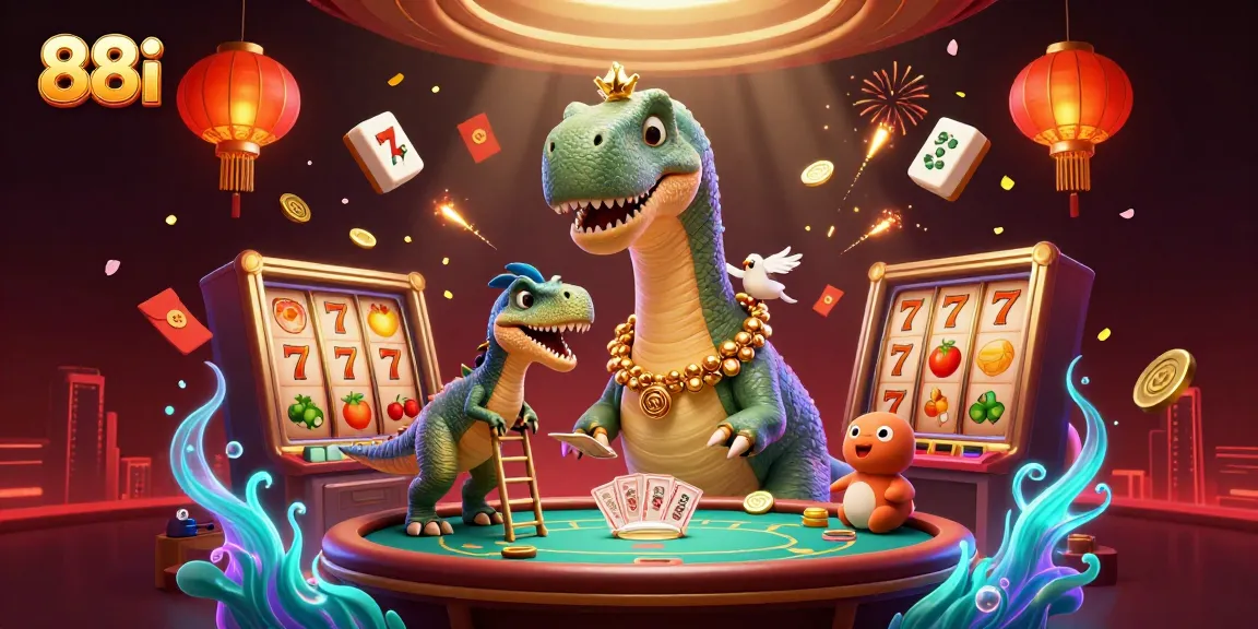 88i offers a vibrant casino illustration with energetic characters amidst floating slot reels and fireworks.