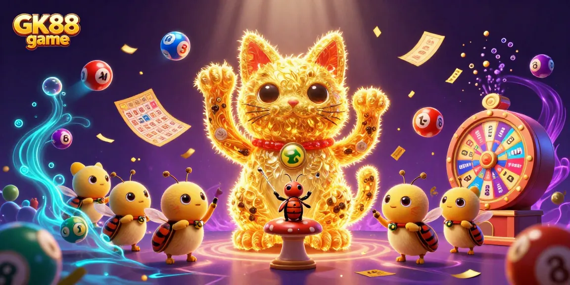 Engage with GK88 game as golden fireflies embody a lucky cat amidst vibrant casino symbols.