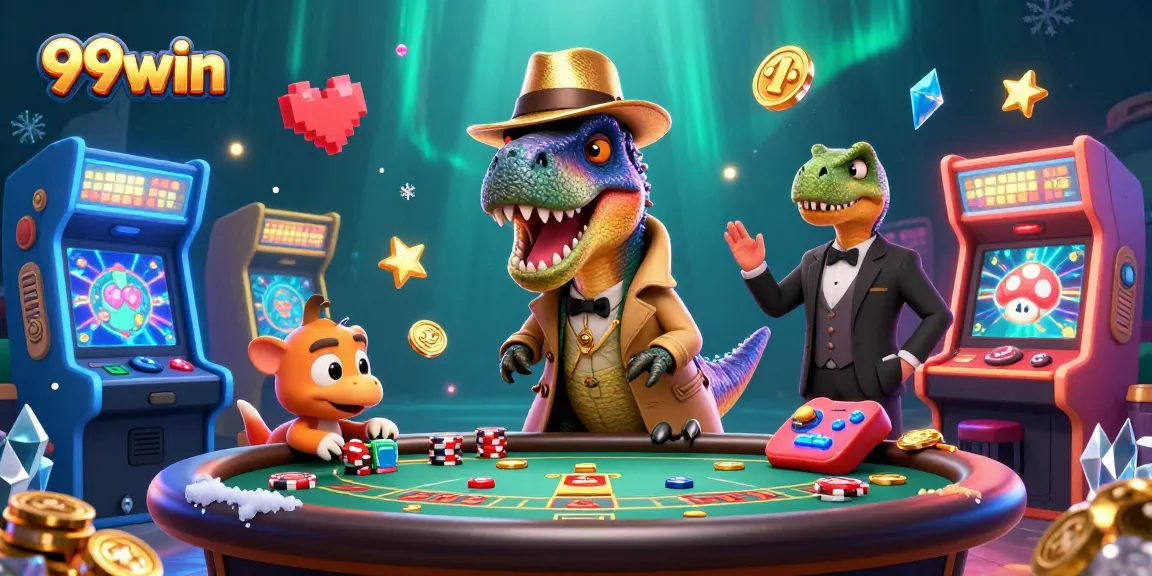 Watch the 99win velociraptor blending in at the blackjack table, surrounded by vibrant gaming elements.