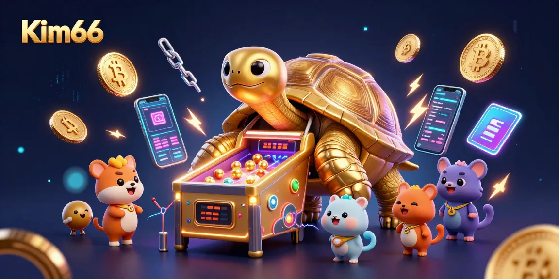 Spin and win at Kim66 with a colossal golden tortoise pinball machine surrounded by vibrant crypto elements.
