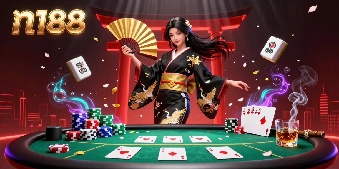 Engage with n188 in an immersive casino scene featuring an elegant Asian woman and luxurious gaming elements.