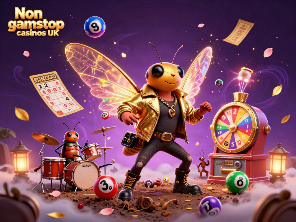 Experience the vibrant atmosphere of Non gamstop casinos UK with a cartoon rock star and engaging gaming elements.