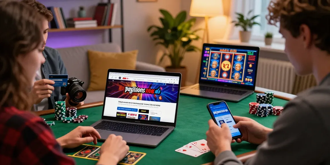 Friends playing at a credit card casino night with https://pavilions.org.uk website open, showcasing vibrant gaming atmosphere.