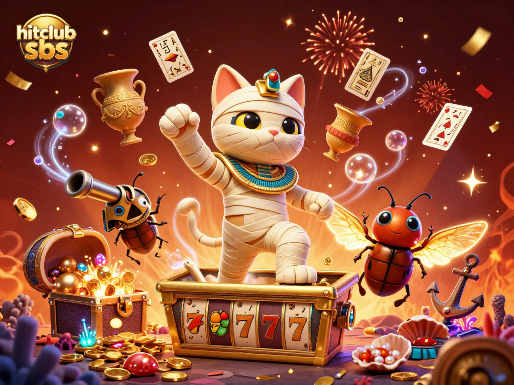 Engage in thrilling casino vibes with hitclub sbs, featuring a magical mummy cat bursting forth among treasures and slot action.