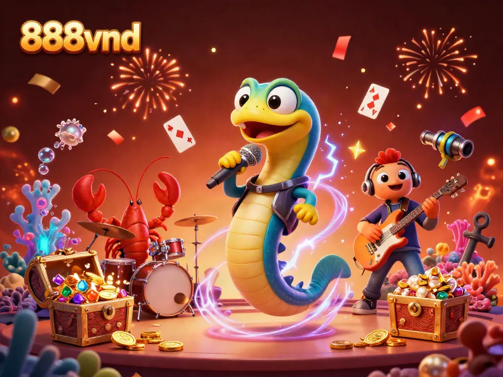 Immerse in the vibrant underwater casino scene with 888vnd, featuring an electric eel DJ and performing sea creatures.