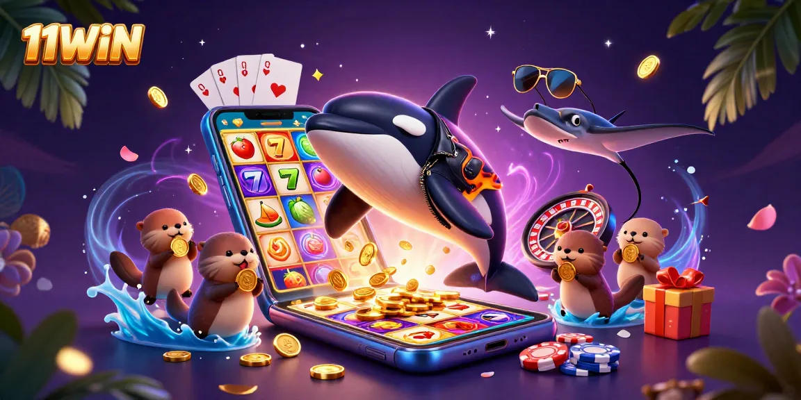 Experience thrilling gameplay with 11WIN as a vibrant orca, stingray, and otters celebrate casino wins.