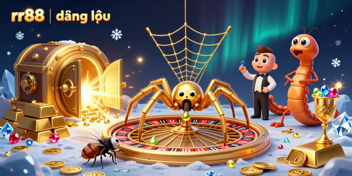 Interactive scene with rr88 | đăng nhập showcasing a lively spider and croupier in a casino-inspired setting.
