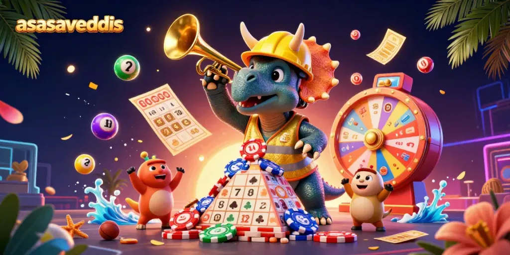 Cheerful scene at asasavedis casino with triceratops and parasaurolophus celebrating lottery winnings in 3D.