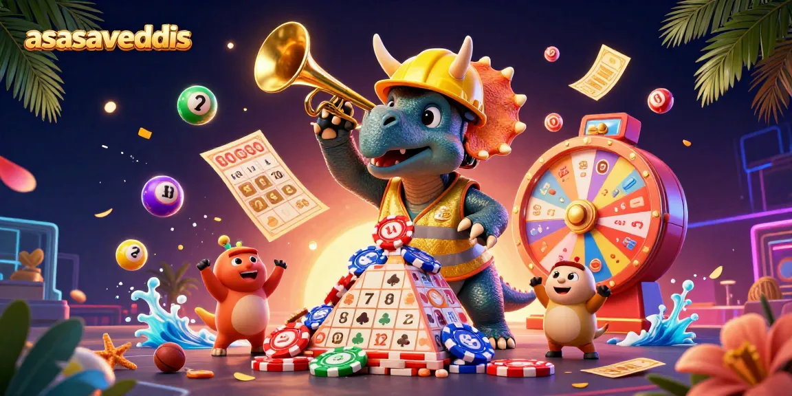 Cheerful scene at asasavedis casino with triceratops and parasaurolophus celebrating lottery winnings in 3D.