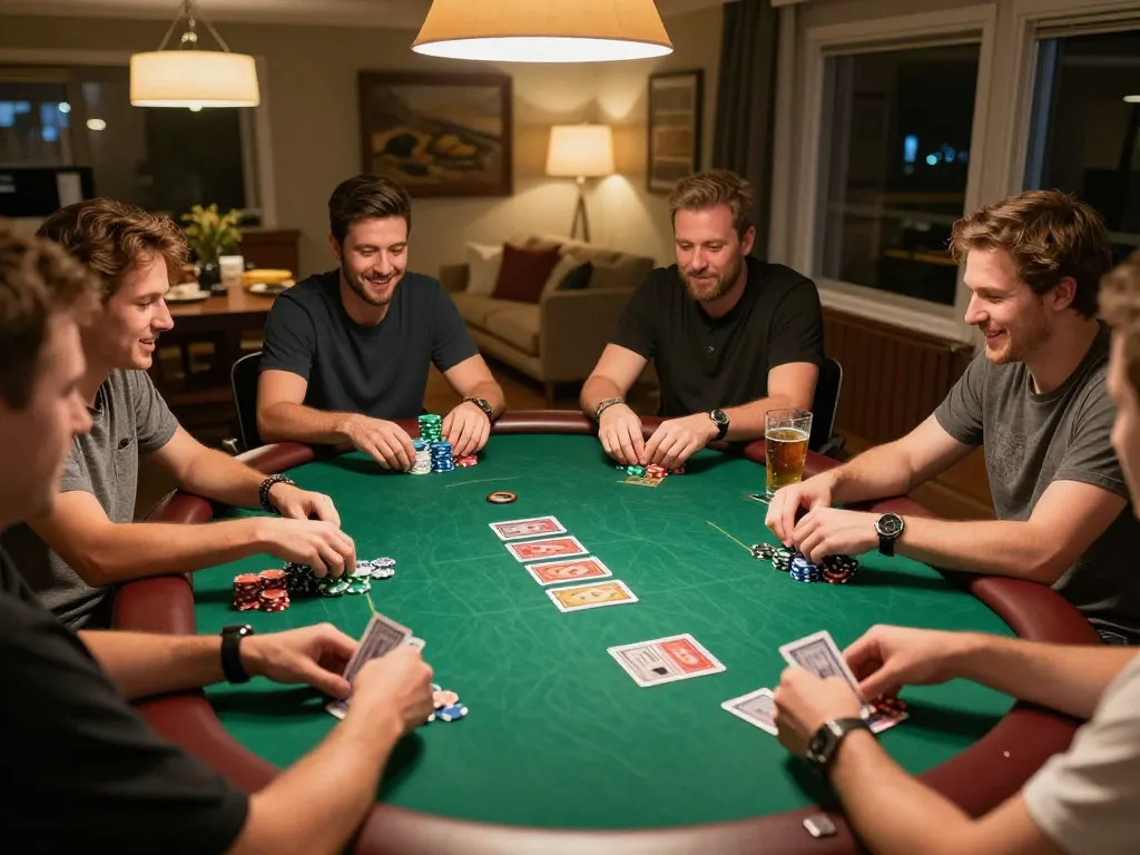 Players enjoying a thrilling poker game at home with chips and cards, showcasing nhà cái SC88 experience.