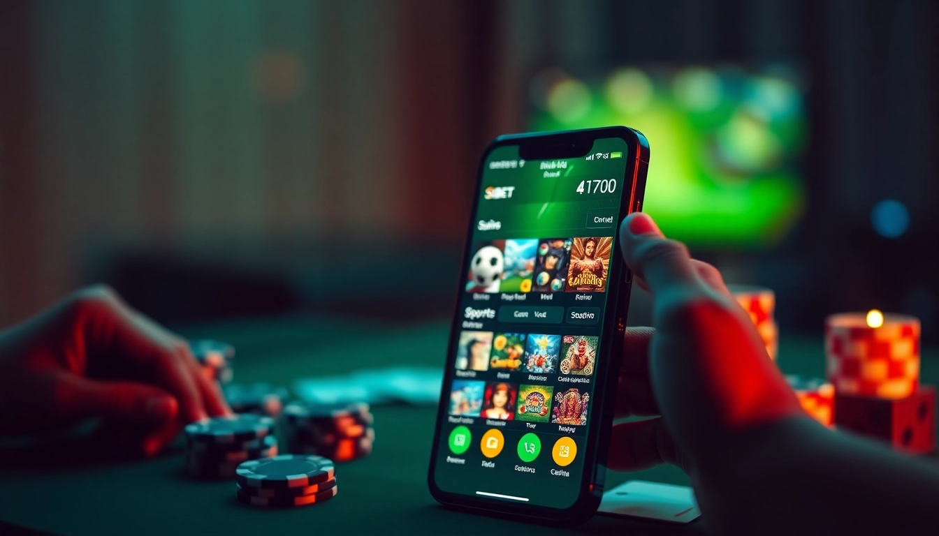 Engaging SBOBET gaming scene featuring a smartphone app in a vibrant, inviting atmosphere.