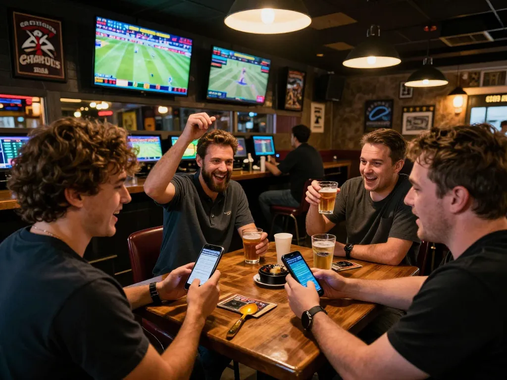 Excited bettor placing bets on sports with cm88seo mobile app in a vibrant bar.