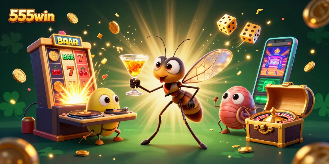 Experience the thrill of 555win with a vibrant scene featuring animated casino elements and characters.