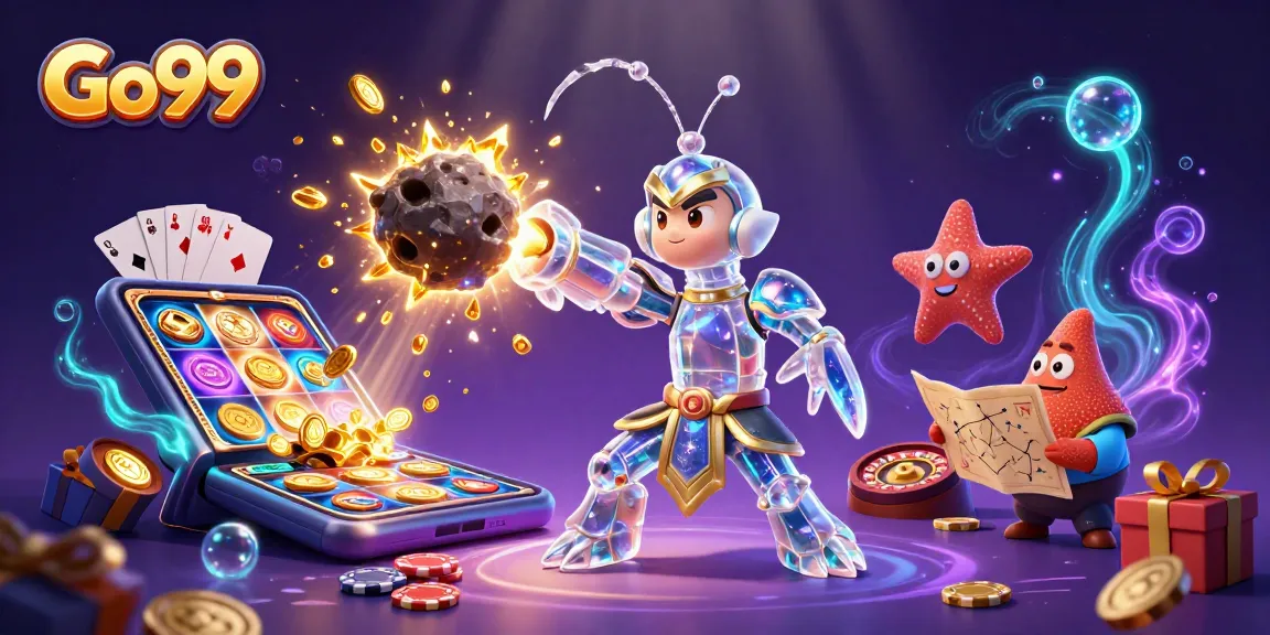 Experience thrilling gaming adventures with Go99's vibrant 3D casino illustration showcasing slot games and more.