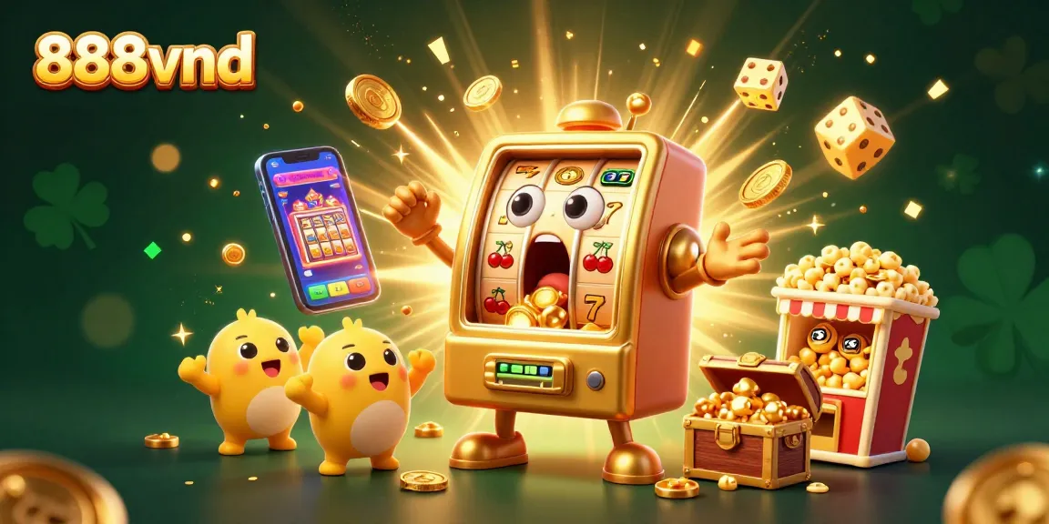 Experience the excitement of 888vnd with a 3D illustration of a slot machine hitting a jackpot amidst flying symbols and coins.