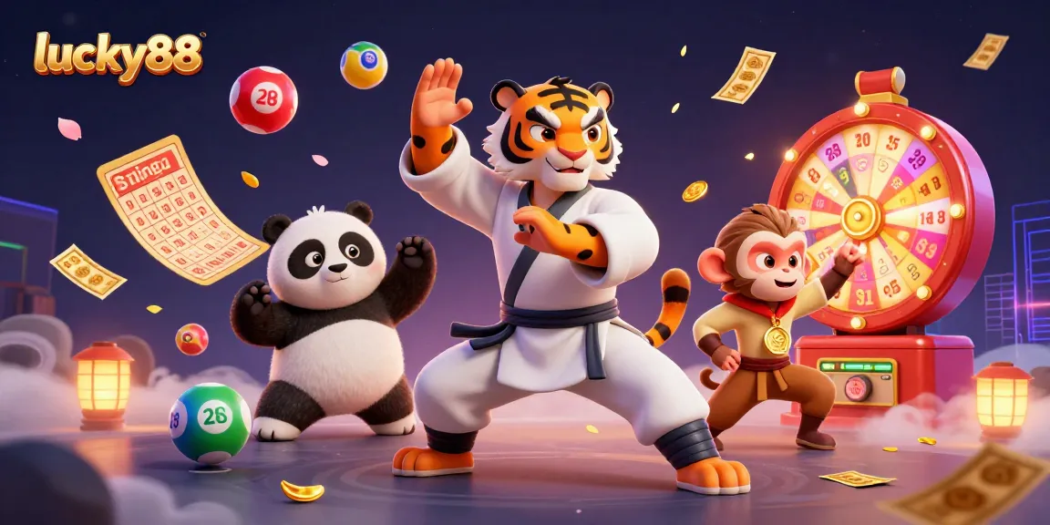 Experience winning with lucky88 in this vibrant casino-themed illustration featuring dynamic game elements.