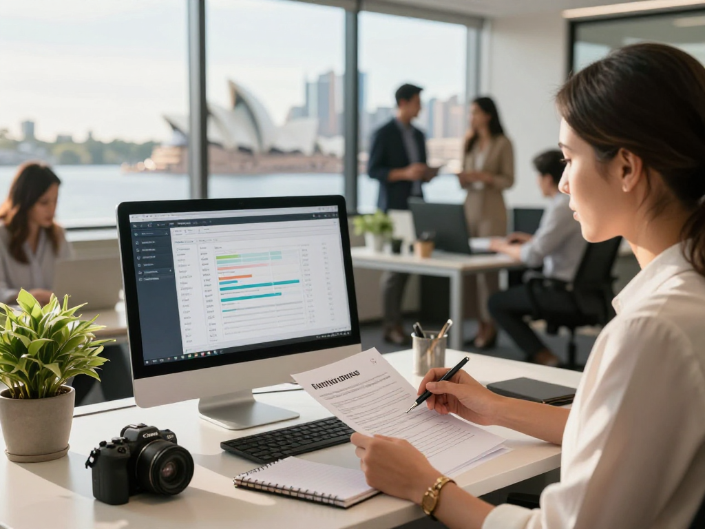 Explore property management fees Sydney in this vibrant real estate office scene showing professionals at work.