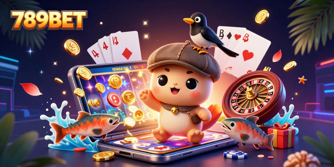 Win big with 789BET in an engaging 3D gaming scene featuring vibrant slot elements and playful characters.