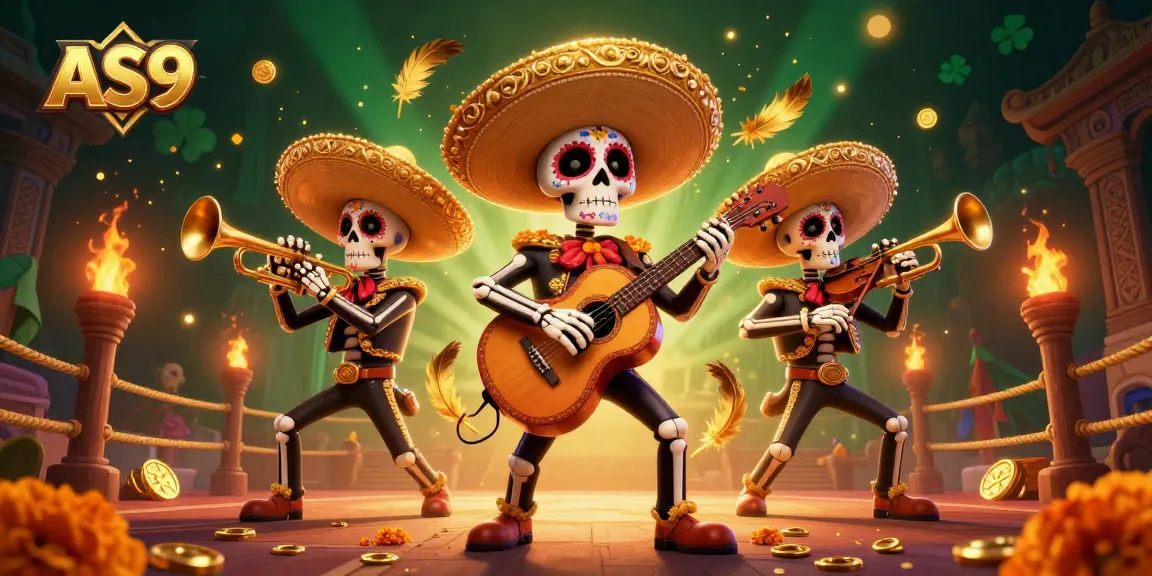 Experience thrilling AS9 gaming with vibrant 3D mariachi skeletons and rich casino elements.