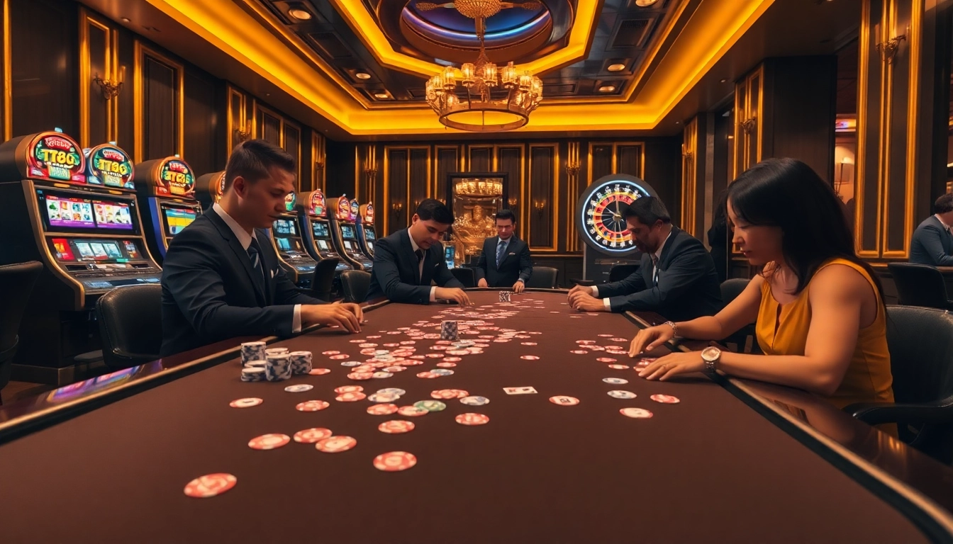 TT88 players bet at a poker table, showcasing an engaging casino atmosphere.