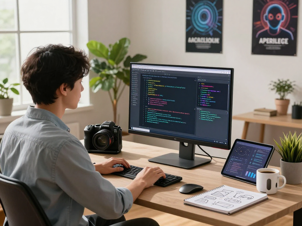 Professional workspace showcasing AI development, emphasizing 18+ ai technology with coding on screen and inspiring atmosphere.