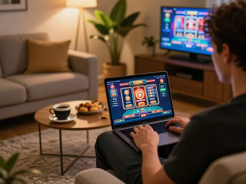 Engaging with cm88 on a laptop in a cozy living room setting during online gaming session