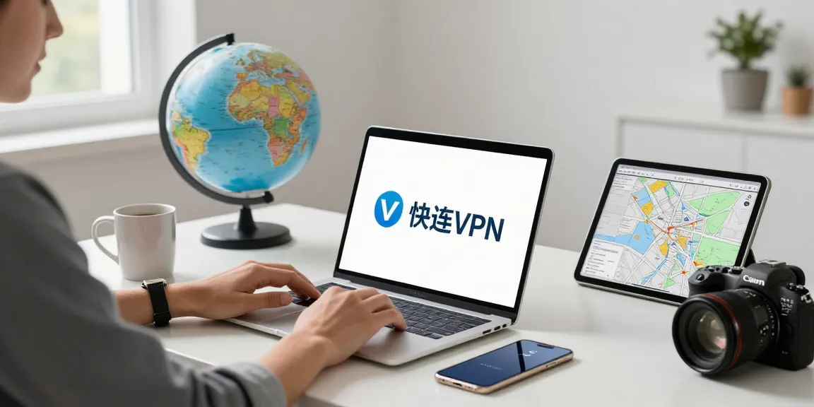 使用快连 VPN 的用户在现代家庭办公室中，连接多个设备，享受高效工作环境