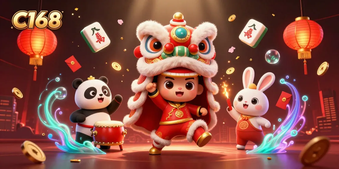 Engage in thrilling gameplay with C168, featuring vibrant 3D characters celebrating in a festive casino atmosphere.