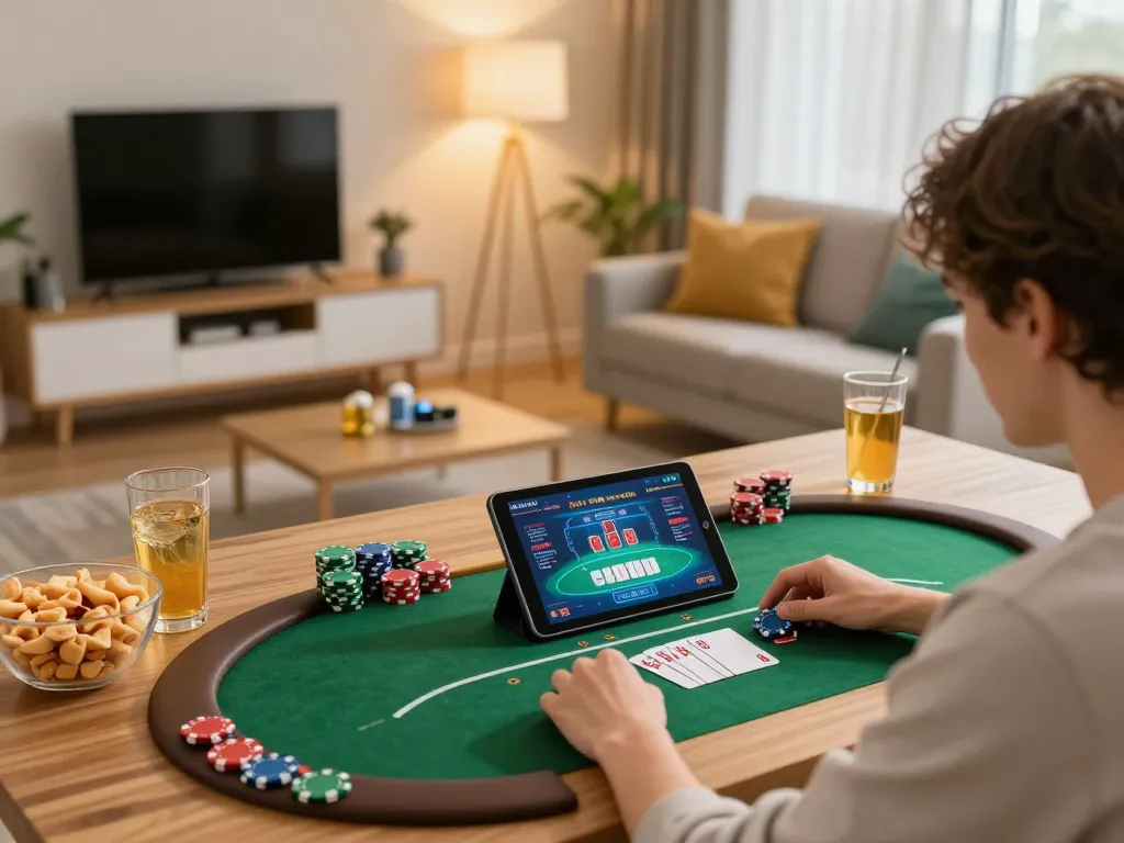 Engaging in a poker game on the nk88 platform with a cozy home setup