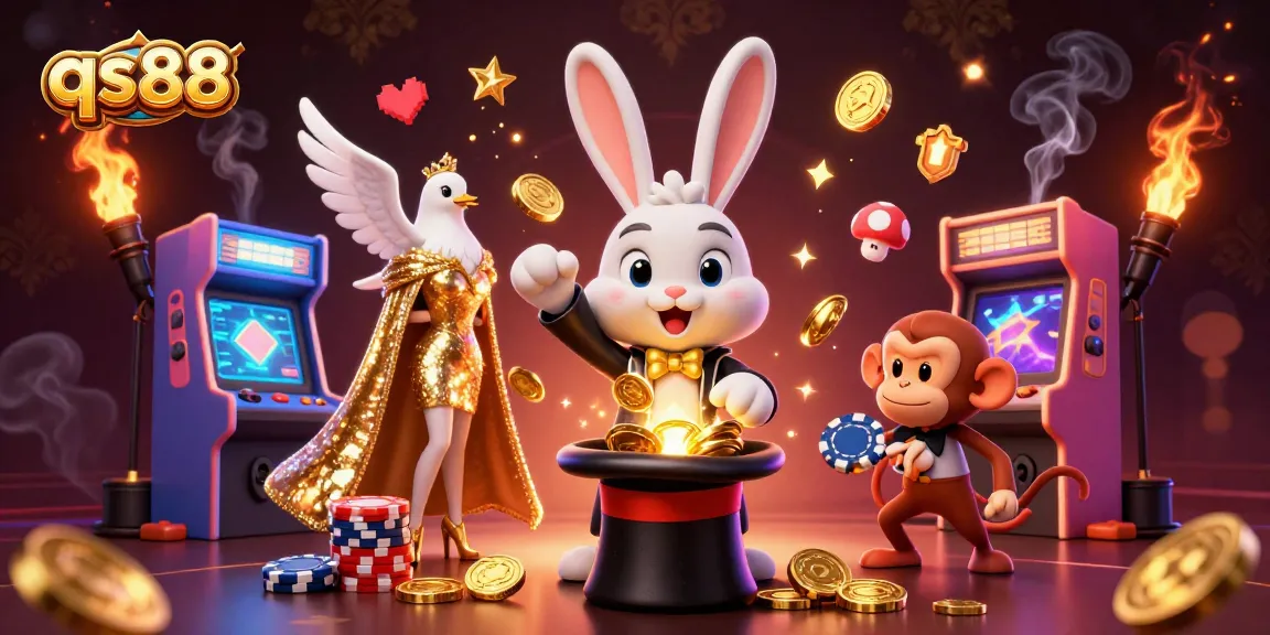 Experience the excitement of qs88 with a 3D illustration featuring a magician rabbit, casino games, and bright golden coins.