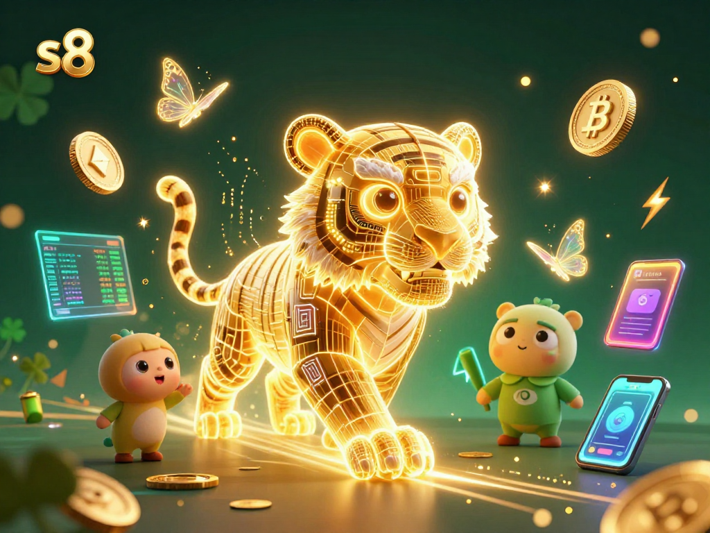 Experience the excitement of s8's digital casino with a golden tiger and crypto elements.