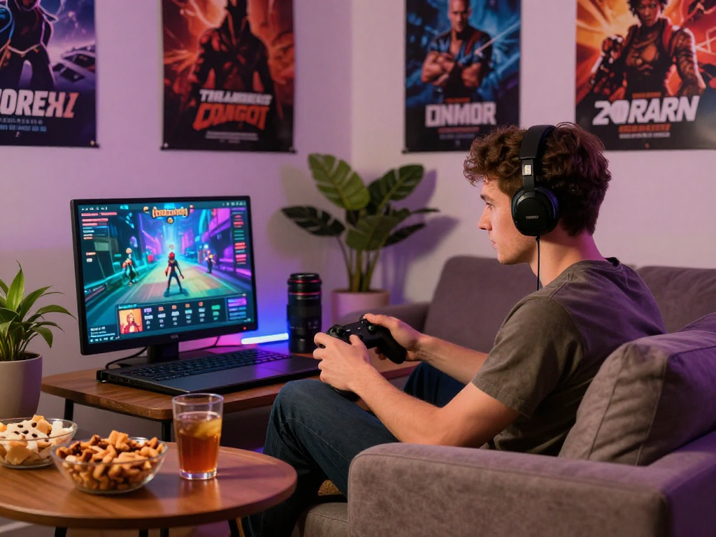 Immersive environment for playing porn games online on laptop with snacks and drinks.