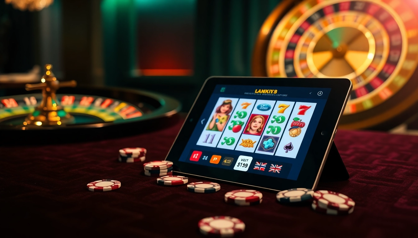 Experience high-stakes excitement with Luck8's online casino gaming scene featuring vibrant slot machines and poker chips.