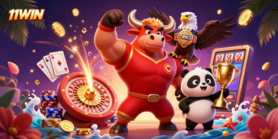 Experience 11WIN's thrilling casino adventure with a dynamic bull mascot, trophy, and sparkling gems.