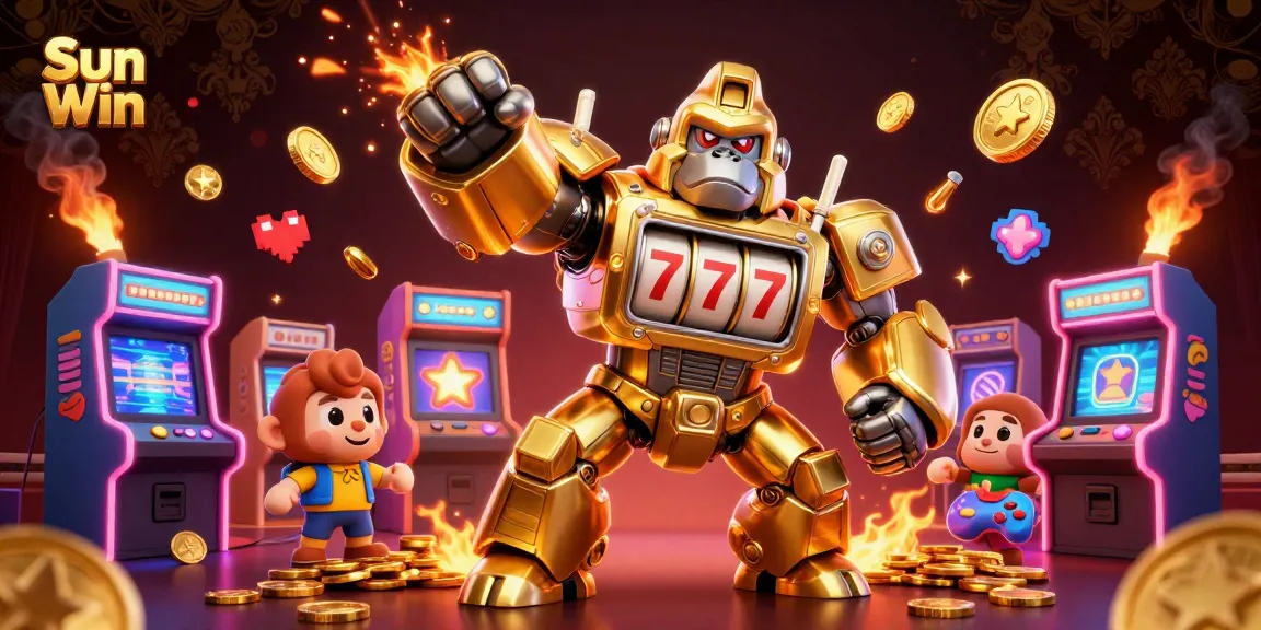 Engage in thrilling gaming at Sun Win with a dynamic golden gorilla mech amid vibrant casino elements.