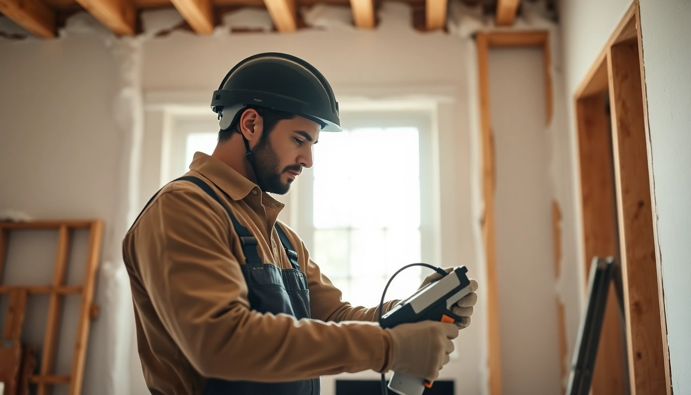 Engaging spray foam removal consultation with a contractor carefully working in a home's interior.