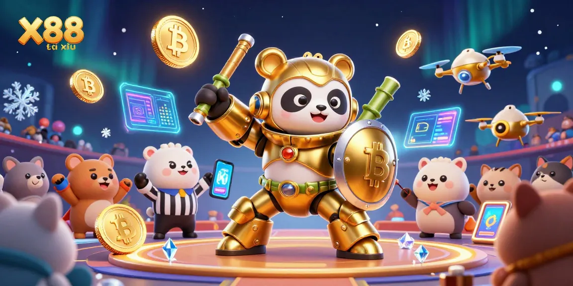 X88 tài xỉu gambling action scene featuring exciting 3D illustrations of a mech-suit panda in a vibrant arena.