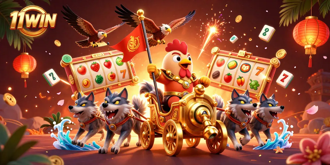 Engage with the exciting 11WIN casino scene featuring a rooster warlord and dynamic gameplay elements.