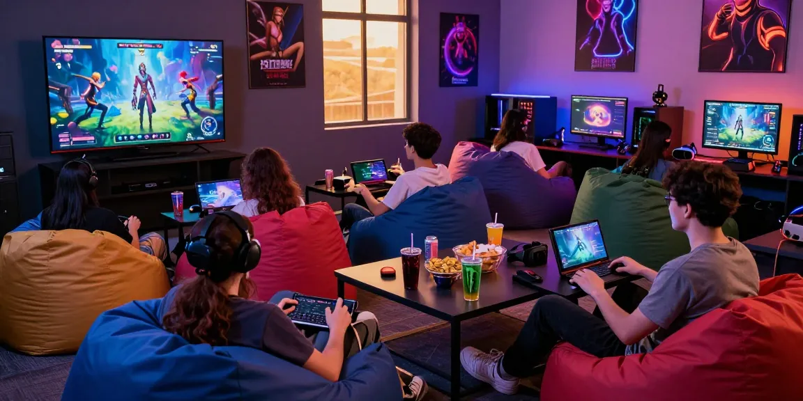 Engaged users playing NSFW games in a vibrant gaming lounge with snacks and drinks.