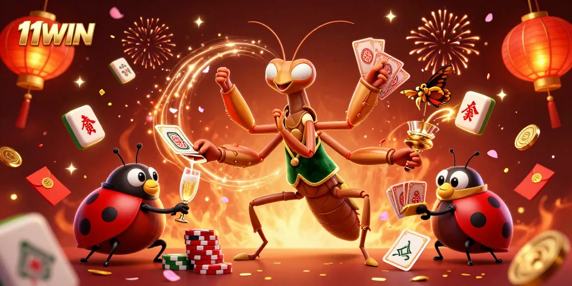 11WIN's giant praying mantis dealer shuffles cards and chips in a vibrant casino scene.