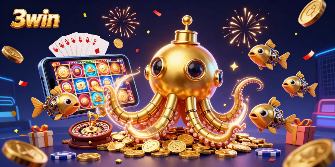 Play thrilling slots with 3win in a vibrant underwater scene featuring a golden kraken.